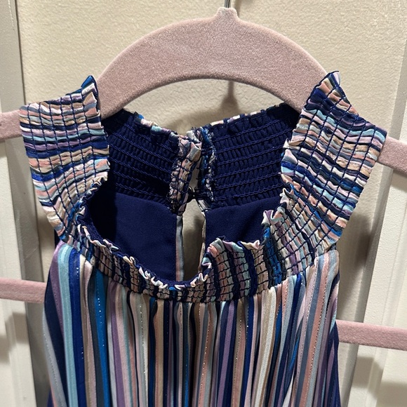 White House Black Market Navy and Warm Tones Gold Striped Halter Dress - Picture 9 of 15